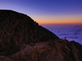 person standing on mountain in front of body of water