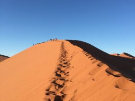 photo of foot prints on desert hill during daytime