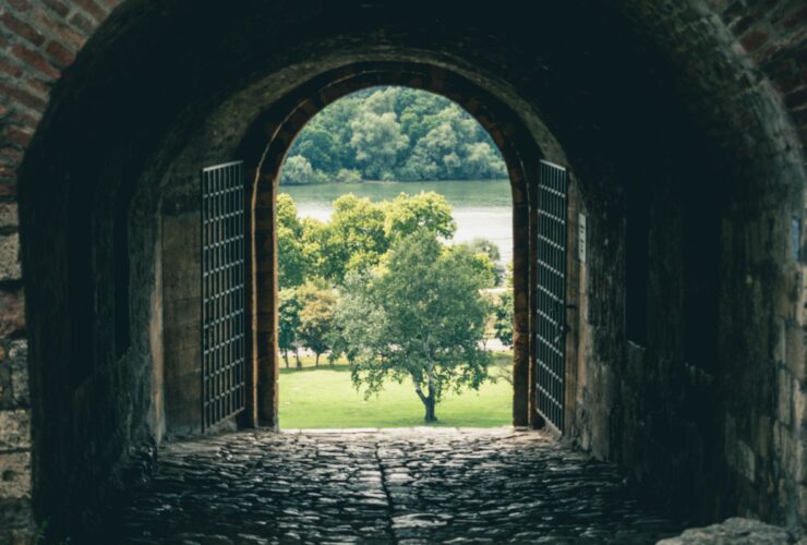 brown brick tunnel with green trees