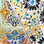 blue white and red floral textile