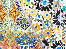 blue white and red floral textile