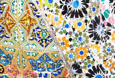 blue white and red floral textile