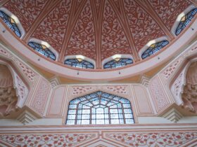 blue and white floral glass window
