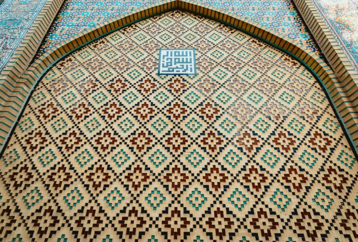 blue white and brown floral textile