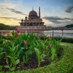 brown dome building viewing pink flower garden under blue and white skies