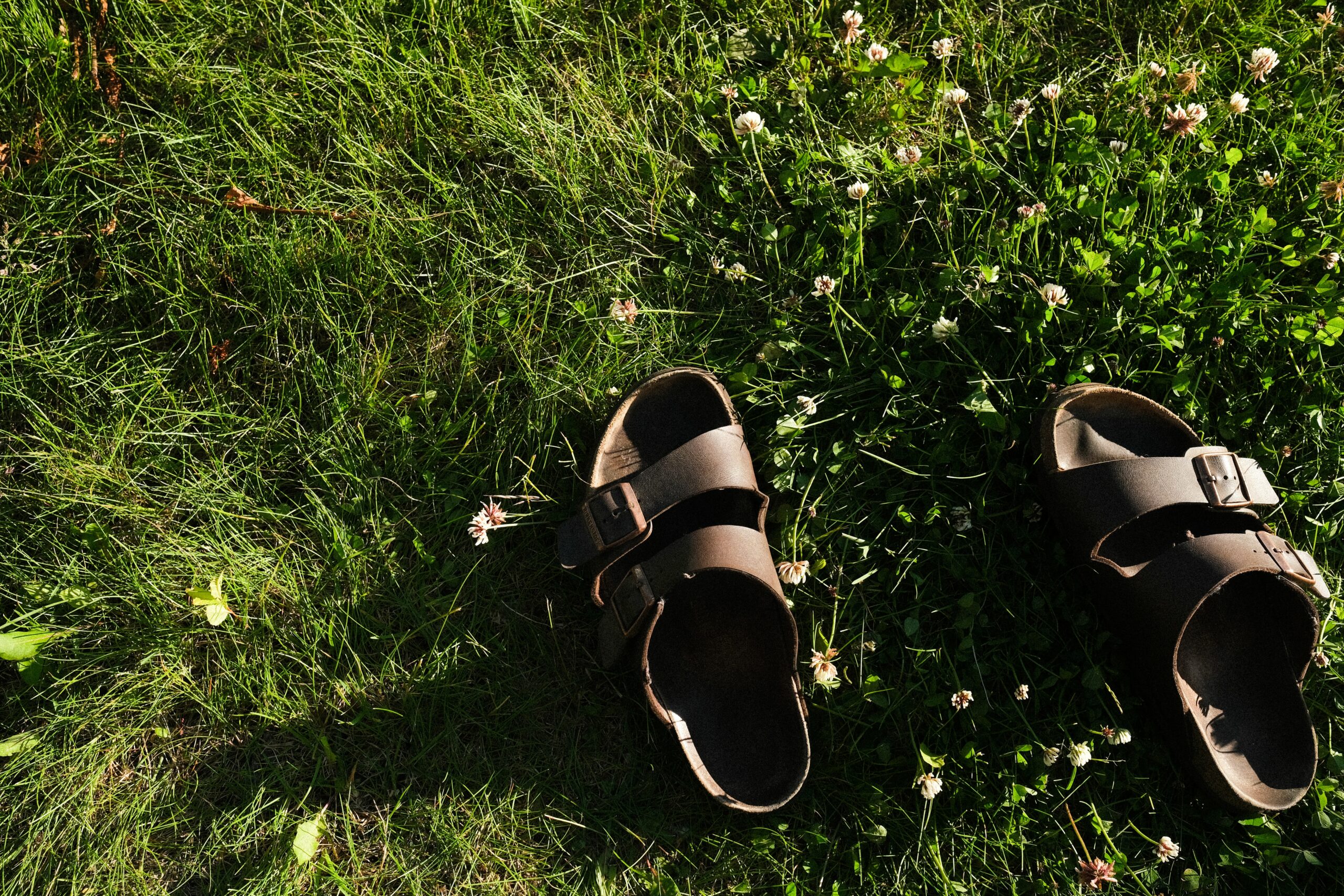 black and brown leather sandals on green grass