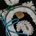 white blue and brown beaded necklace