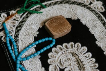 white blue and brown beaded necklace