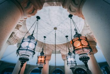 pendant lamps turned on inside dome