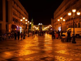 people walking on street during night time