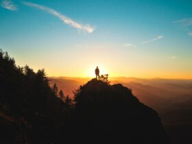 silhouette of man standing on mountain peak