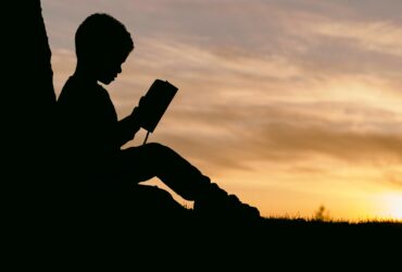 silhouette of child sitting behind tree during sunset