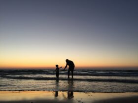 silhouette of man and kid on seashore
