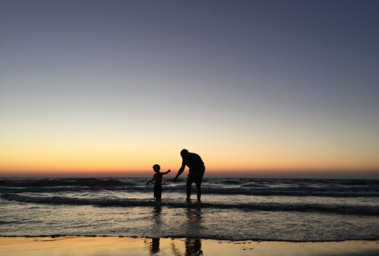 silhouette of man and kid on seashore