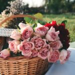 pink rose on wicker basket