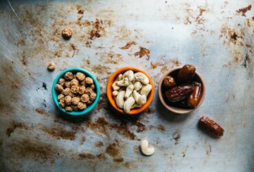 three bowls of nuts