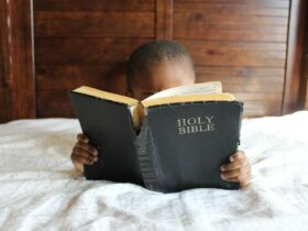 boy reading Holy Bible while lying on bed