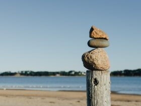 rock balancing on wooden post near body of water