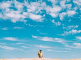 man and woman walking on brown sand under blue sky and white clouds during daytime