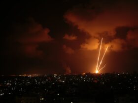 a lightning bolt striking a city