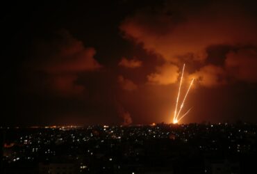 a lightning bolt striking a city