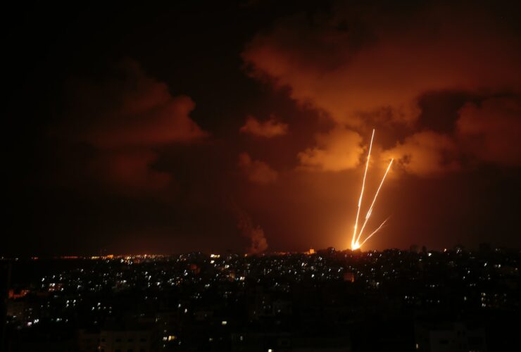 a lightning bolt striking a city