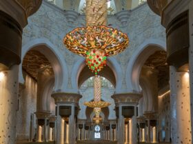 gold and red floral ceiling lamp