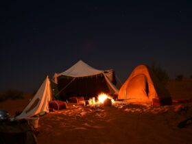 bonfire near tent under starry night