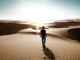 man walking through desert area