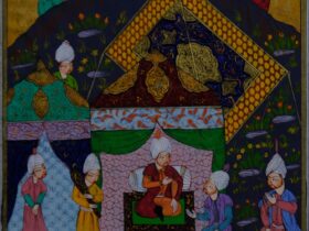 people standing on red green and yellow area rug