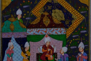 people standing on red green and yellow area rug