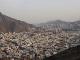 a view of a city with mountains in the background