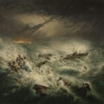 a painting of people in a boat in a stormy sea