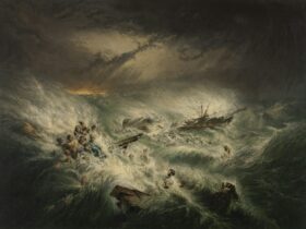 a painting of people in a boat in a stormy sea