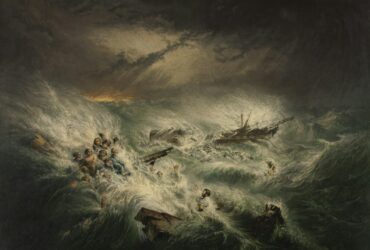a painting of people in a boat in a stormy sea