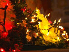 Close-up of a christmas tree with red and yellow lights